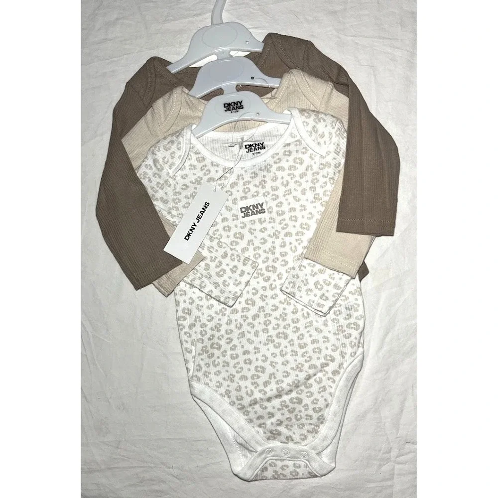 DKNY Baby Girl 9 12 Mos Long Sleeve Bodysuit Lot Brown Tan Leopard Cotton‎ 3pc